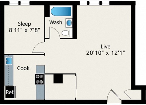 Floor plan for studio, 1 bath, 631 sqft
